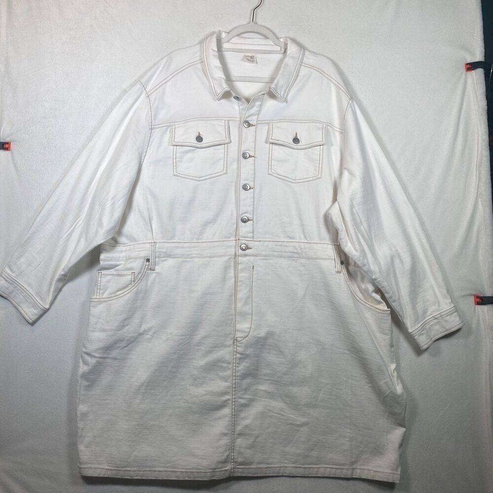 Terra & Sky Women’s Plus White Denim Dress Button Front Pockets NWT